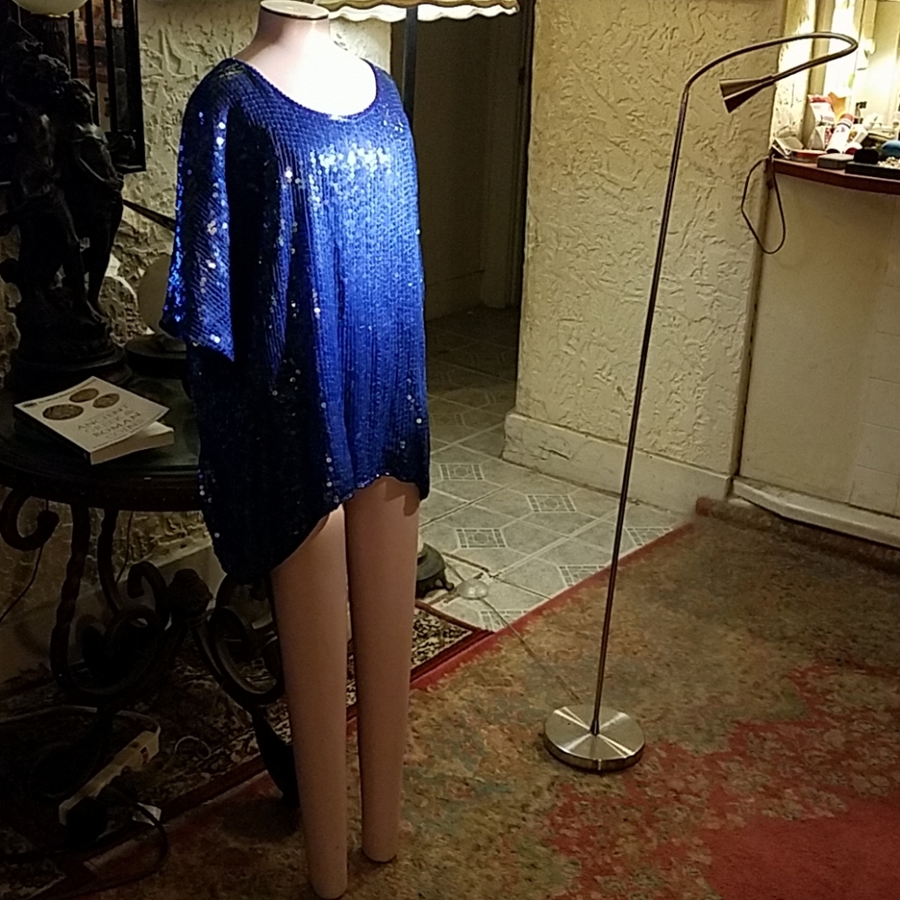 Showstopping blue silk and sequins top